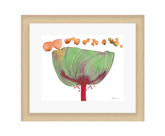 Framed artwork of a stylized flower with green petals and red center on a white background