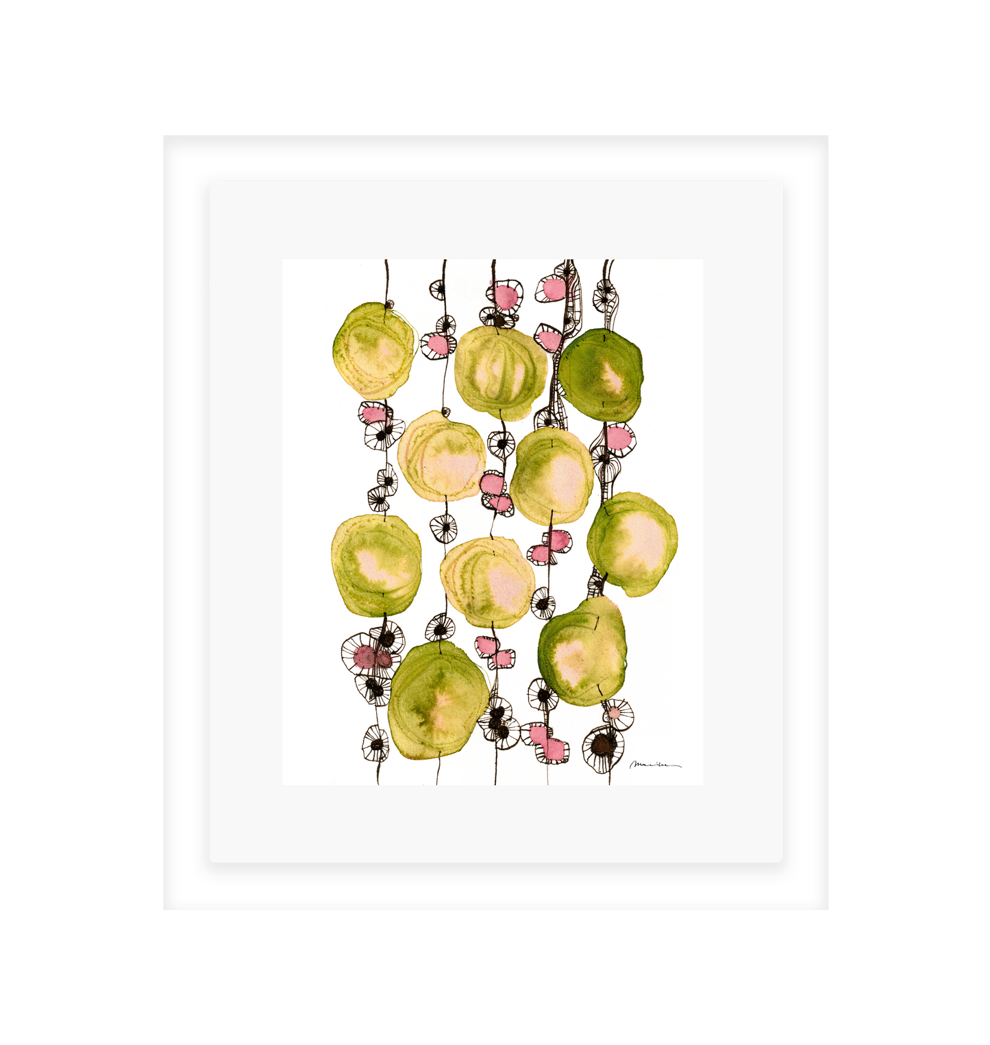 Decorative wall art with green and yellow abstract design on a white background in a white frame