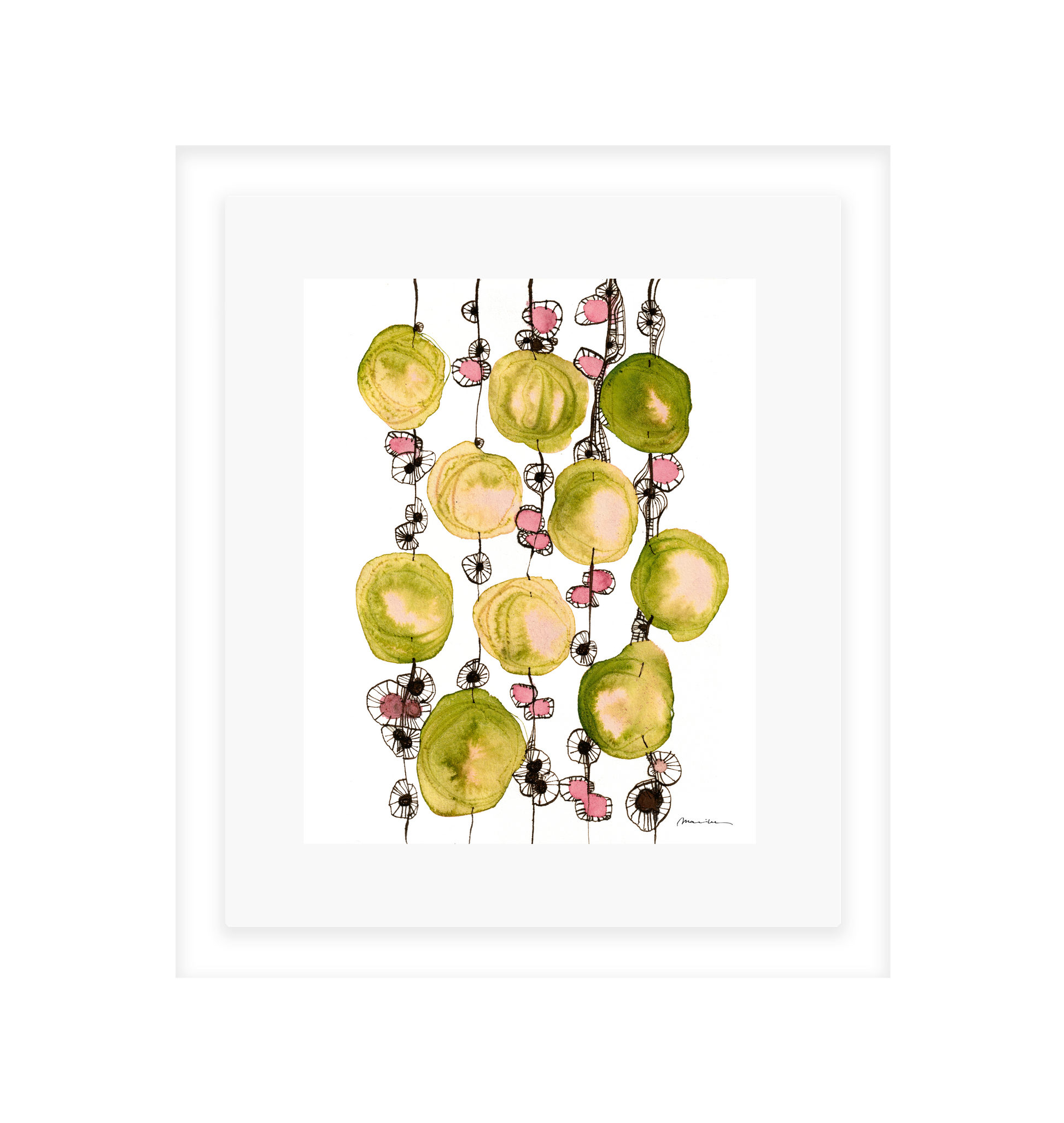 Decorative wall art with green and yellow abstract design on a white background in a white frame