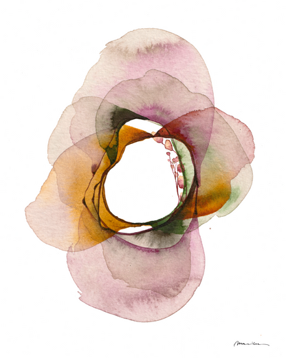 Abstract art piece with concentric circles in pink, green, and orange on a white background