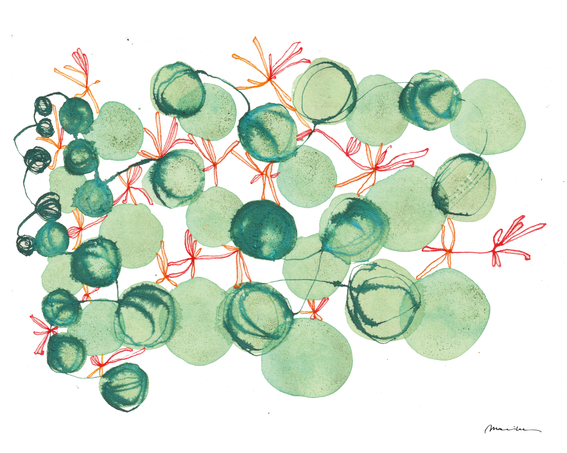 Artistic illustration of green and red circular patterns on a white background