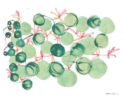 Artistic illustration of green and red circular patterns on a white background