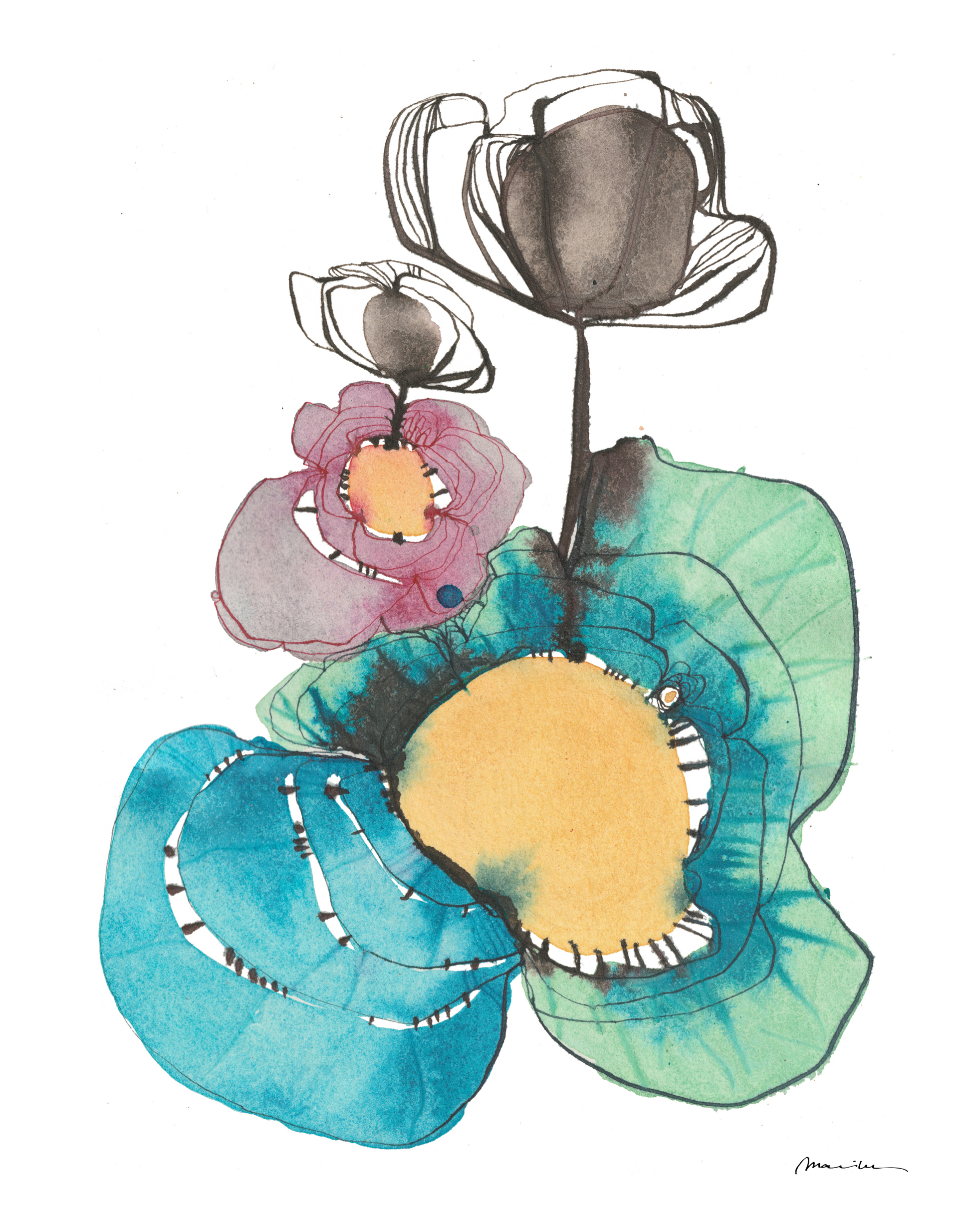 Colorful floral illustration with blue, green, and yellow flowers on a white background