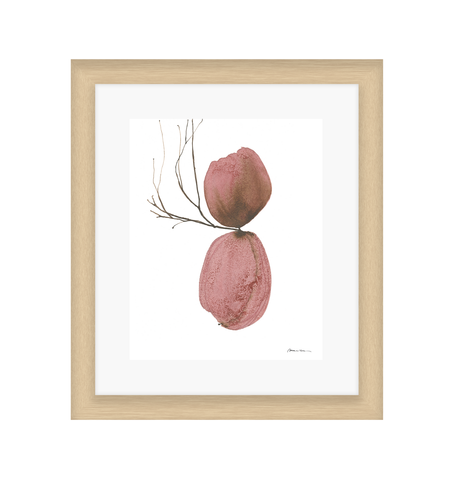Framed artwork of two pink textured objects with a branch on a white background