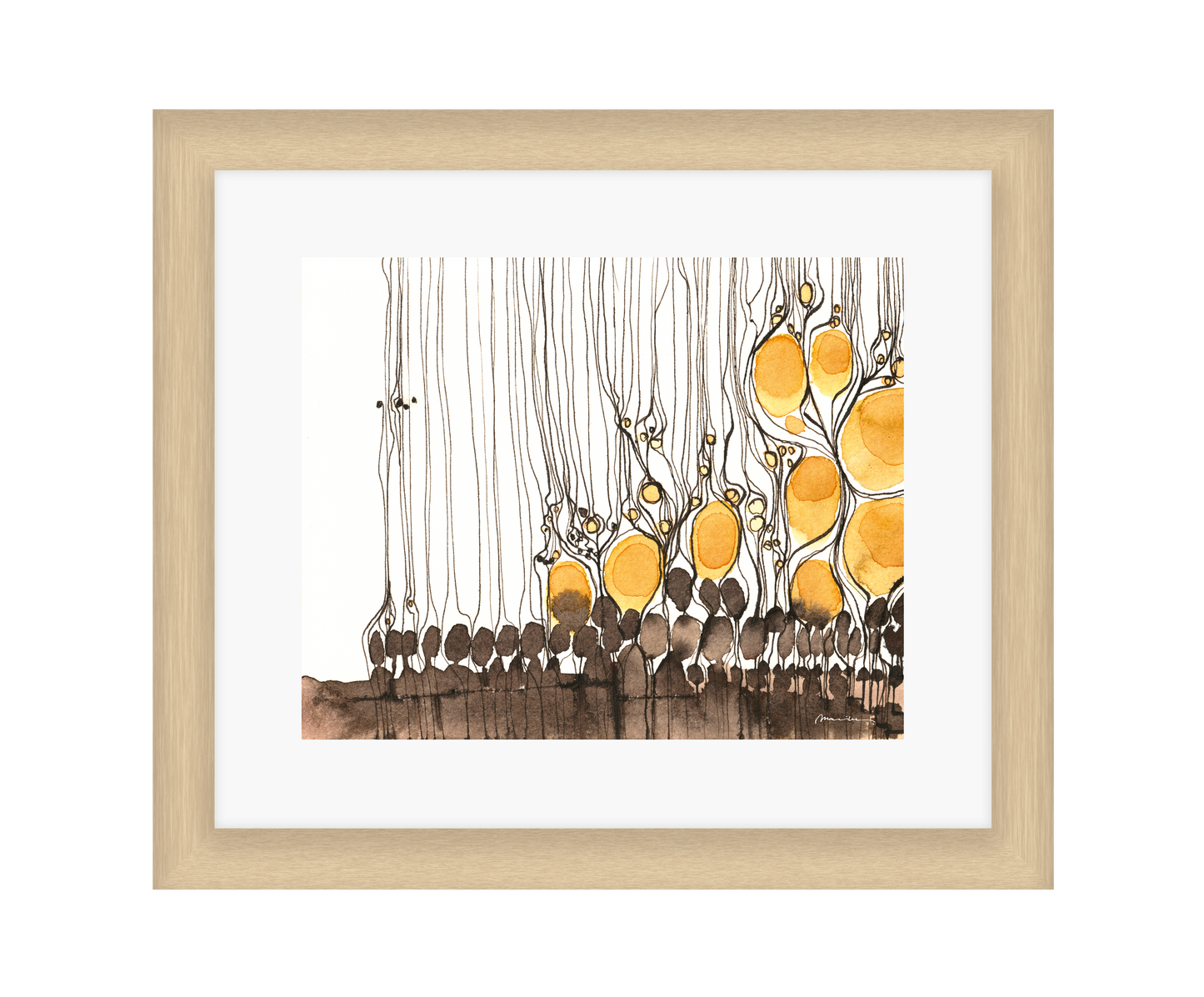 Framed abstract art with yellow and brown elements on a white background