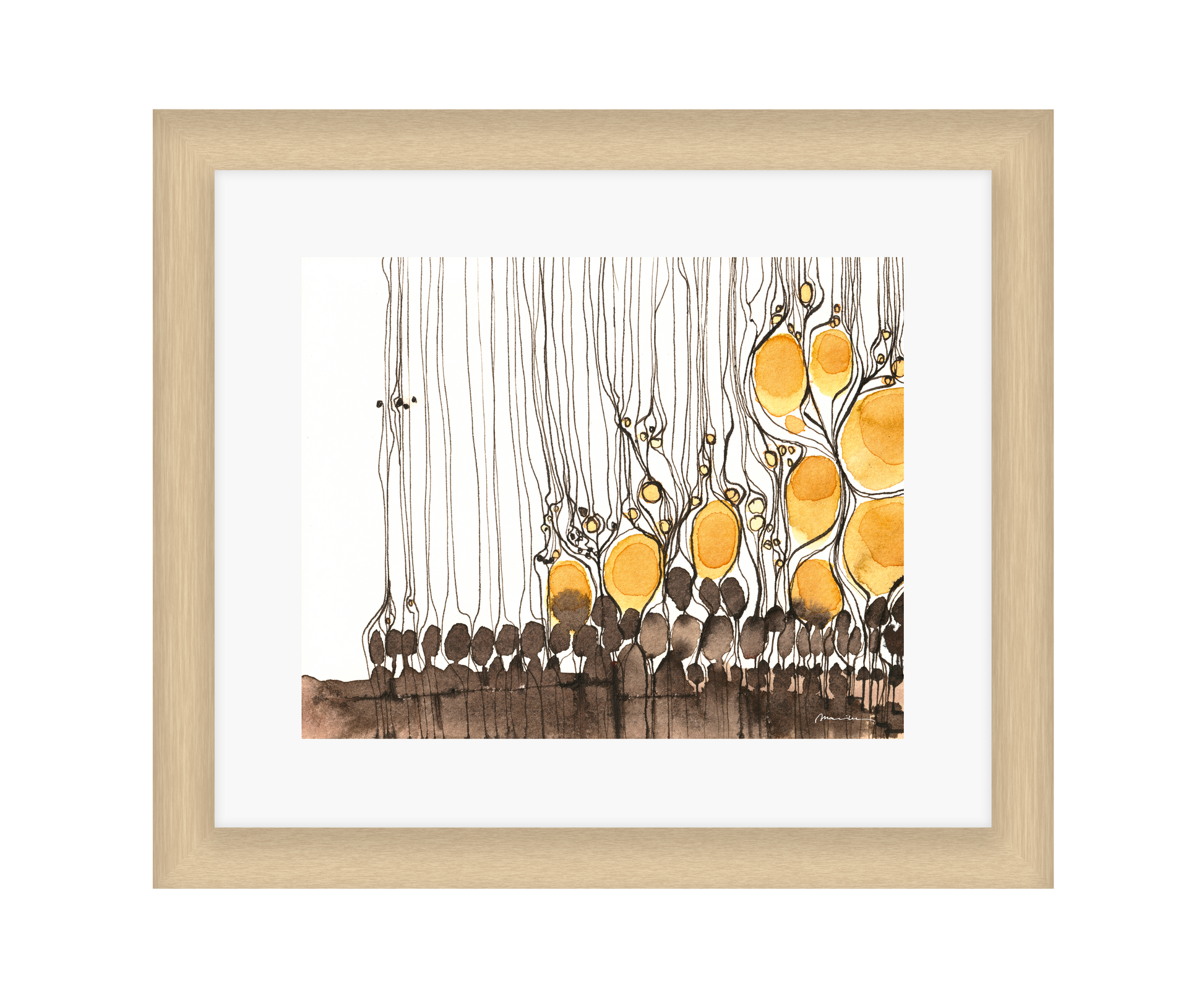 Framed abstract art with yellow and brown elements on a white background