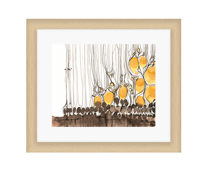 Framed abstract art with yellow and brown elements on a white background