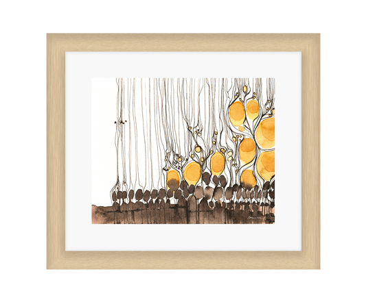 Framed abstract art with yellow and brown elements on a white background
