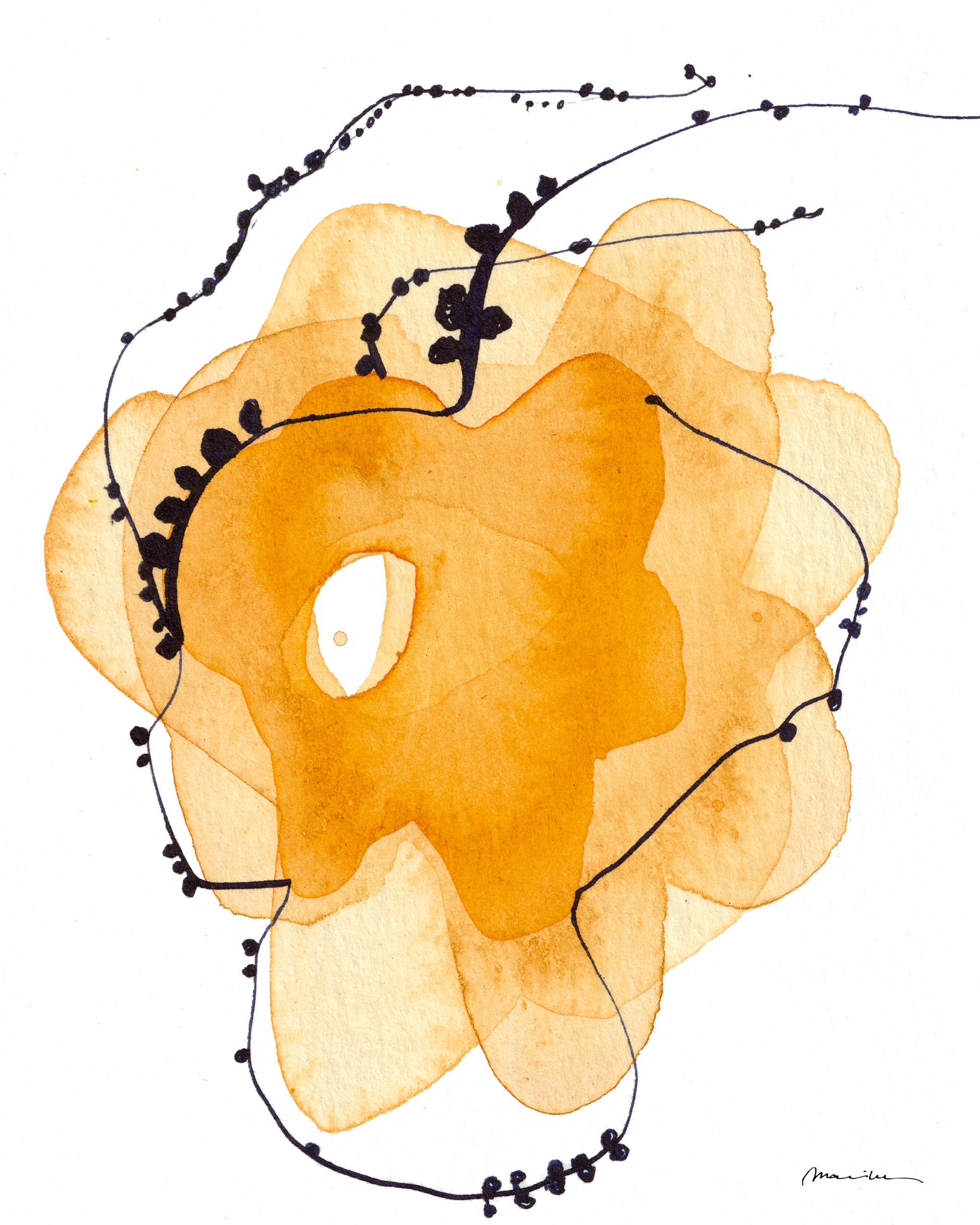 Abstract art piece with orange, yellow, and beige shapes and black lines on a white background