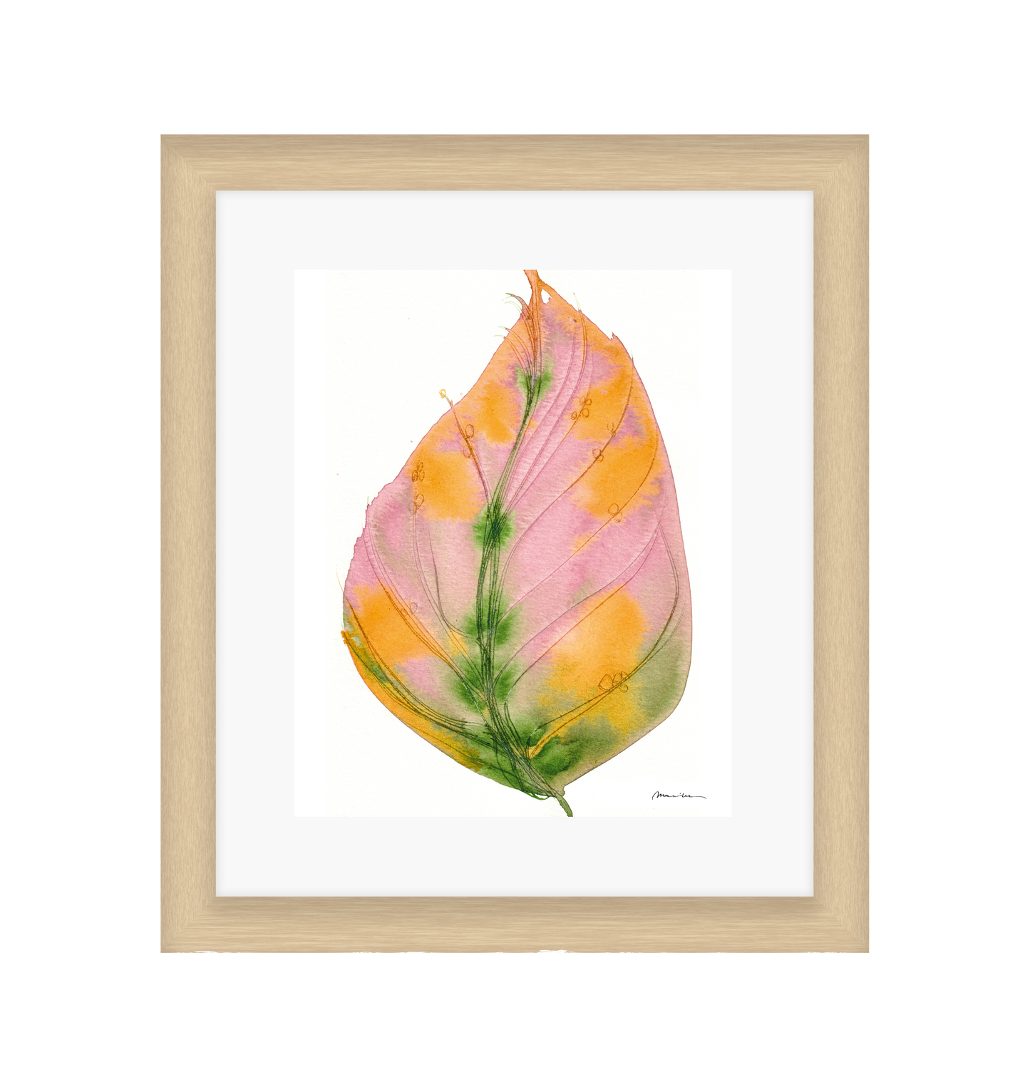 Framed artwork of a pink and orange leaf with green veins on a white background