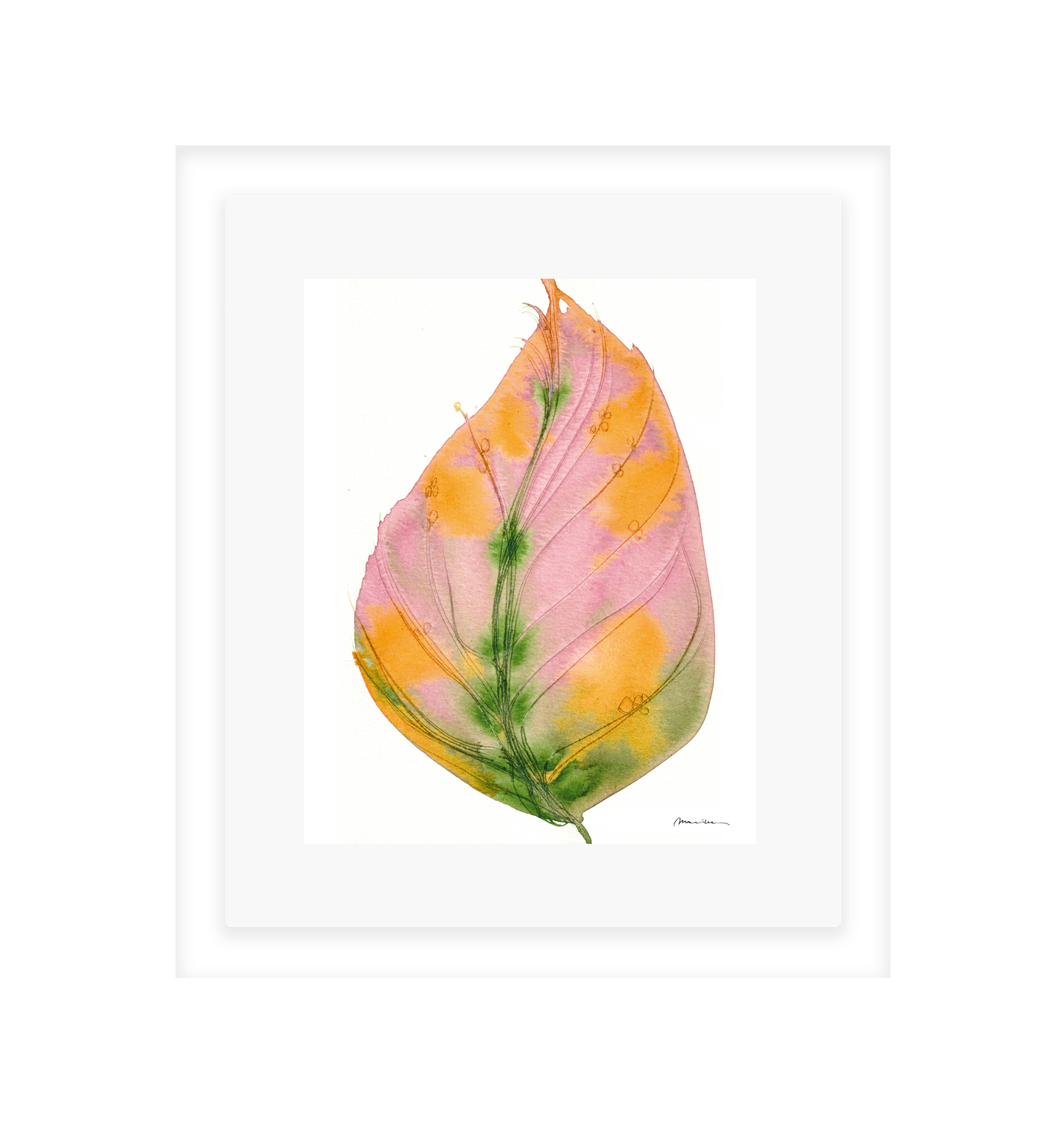 Framed artwork of a pink and yellow leaf with green veins on a white background