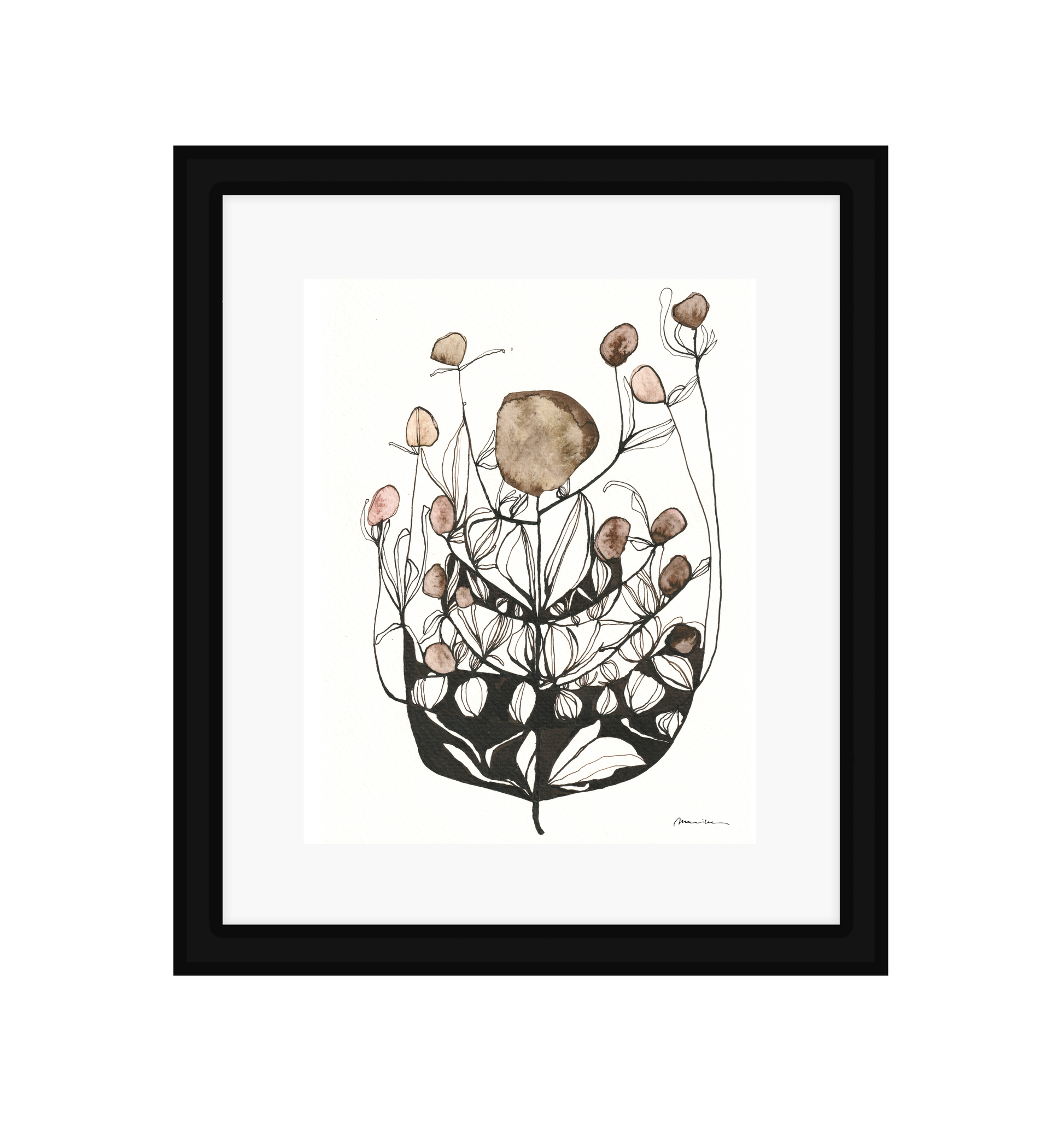 Framed botanical art print with brown and black elements on a white background in a black frame