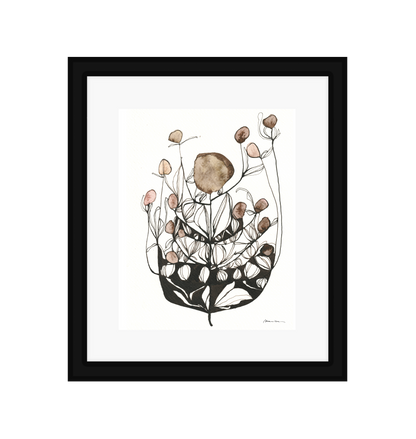 Framed botanical art print with brown and black elements on a white background in a black frame