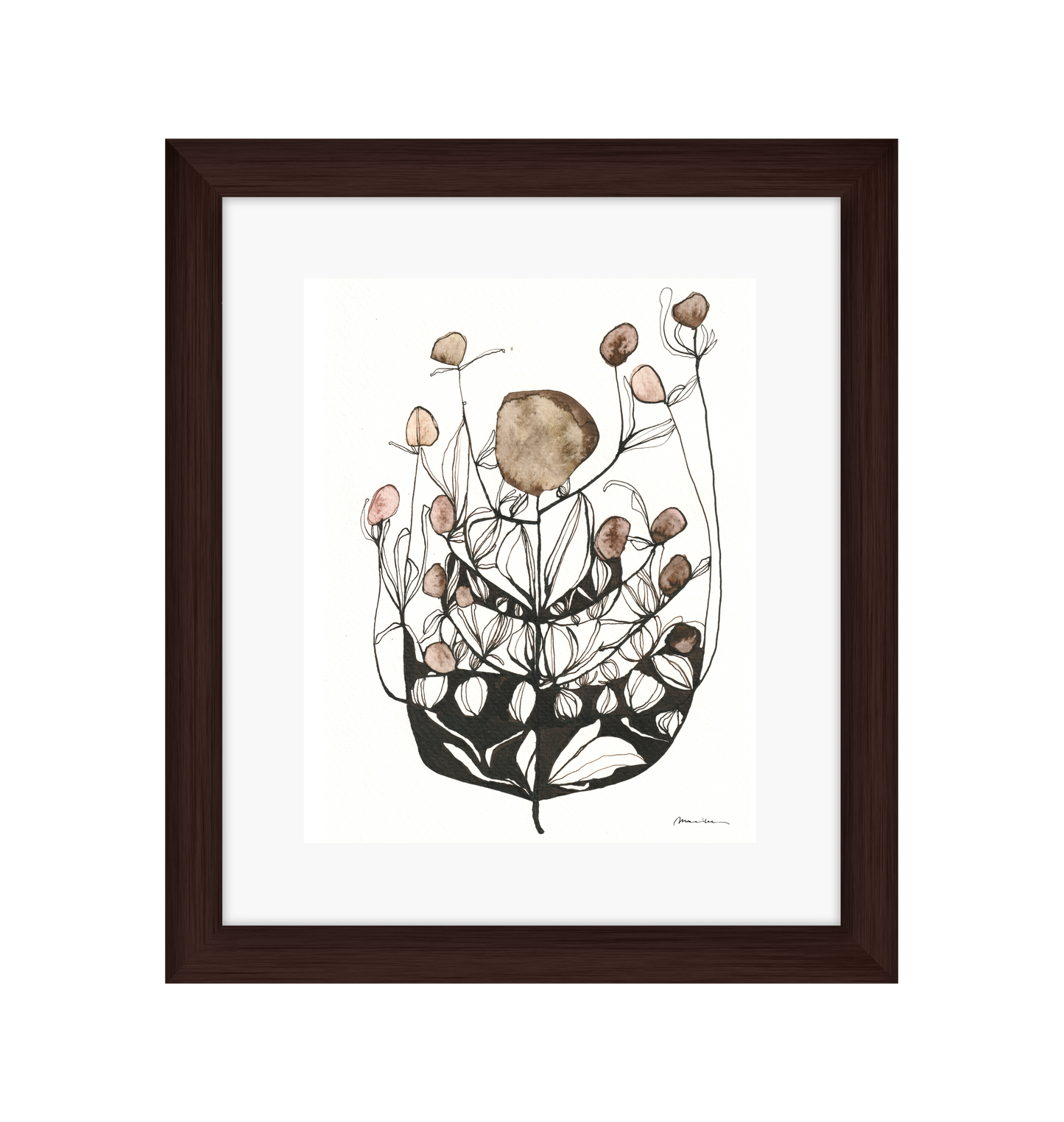 Artistic illustration of a plant with brown and pink floral elements on a white background in a brown frame