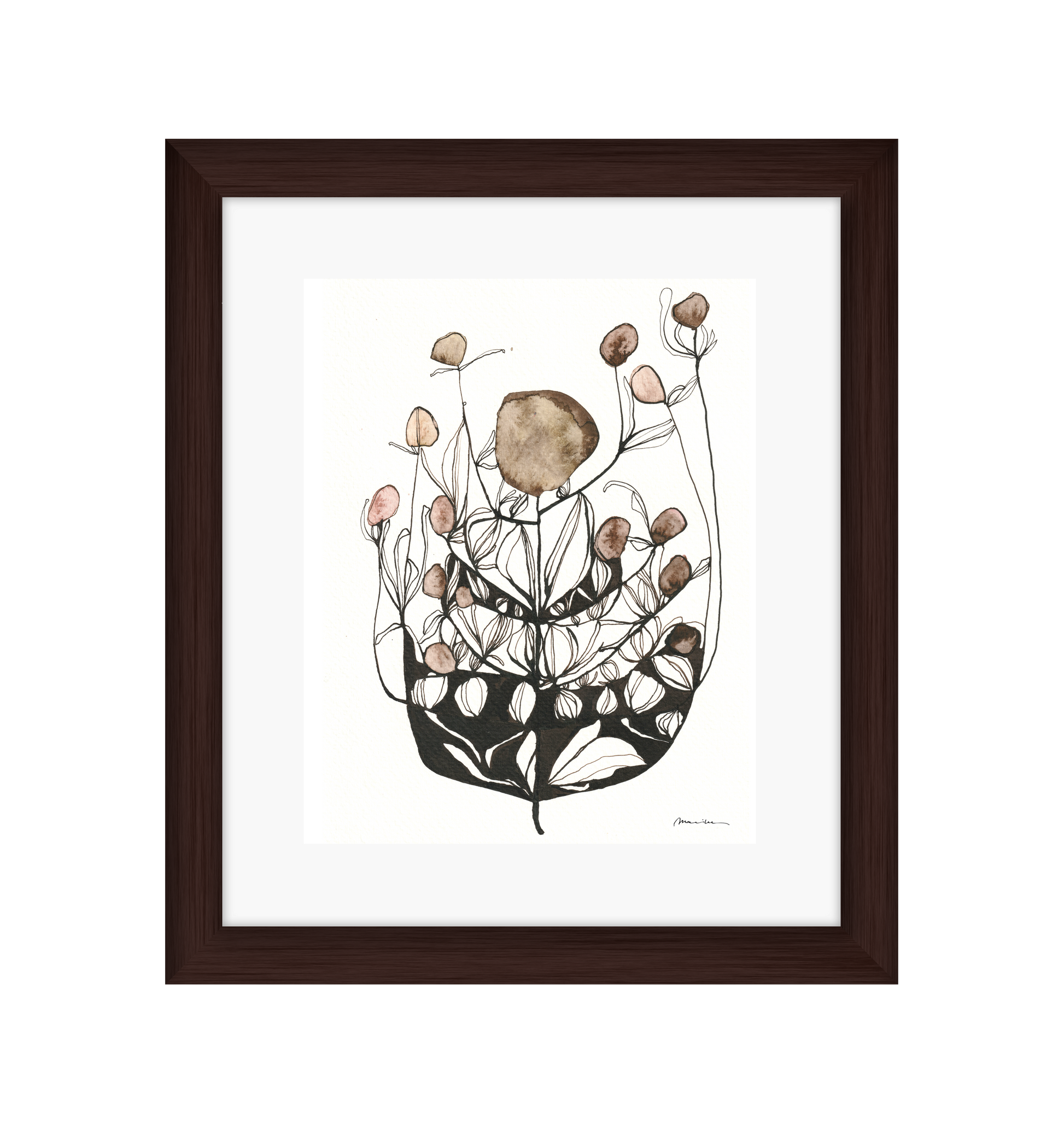 Artistic illustration of a plant with brown and pink floral elements on a white background in a brown frame
