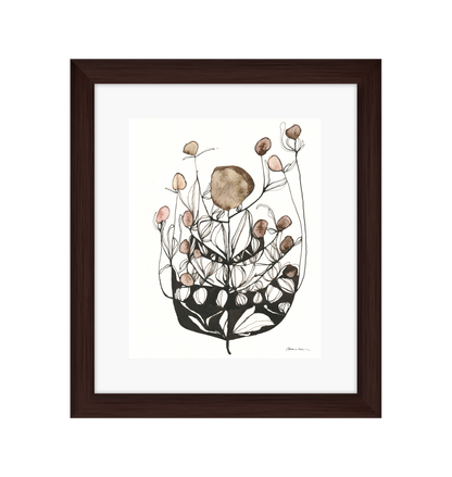 Artistic illustration of a plant with brown and pink floral elements on a white background in a brown frame