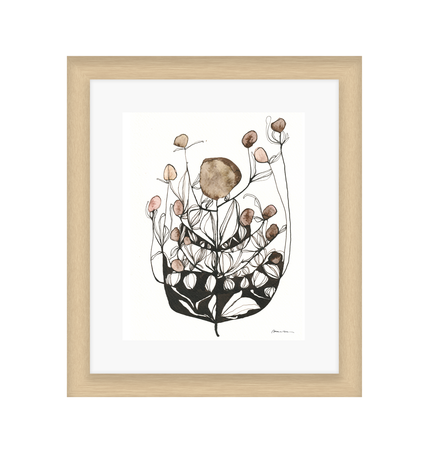 Artistic illustration of a plant with brown and pink floral elements on a white background in a light wood frame