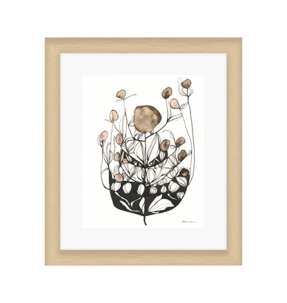 Artistic illustration of a plant with brown and pink floral elements on a white background in a light wood frame