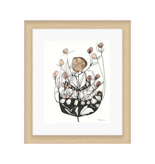 Artistic illustration of a plant with brown and pink floral elements on a white background in a light wood frame