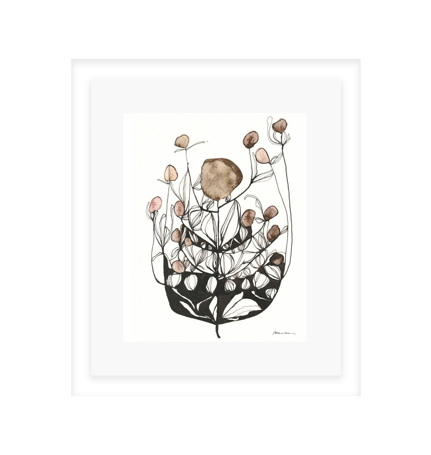 Artistic illustration of a plant with brown and pink floral elements on a white background in a white frame