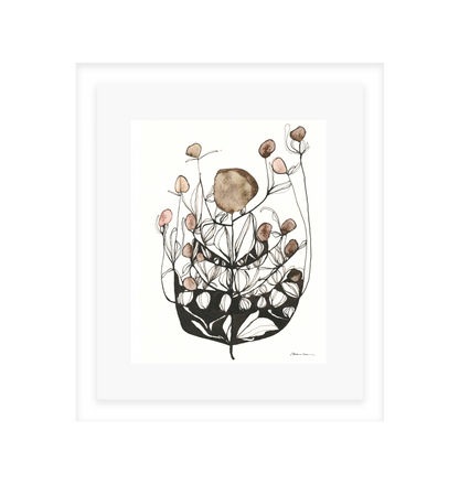 Artistic illustration of a plant with brown and pink floral elements on a white background in a white frame
