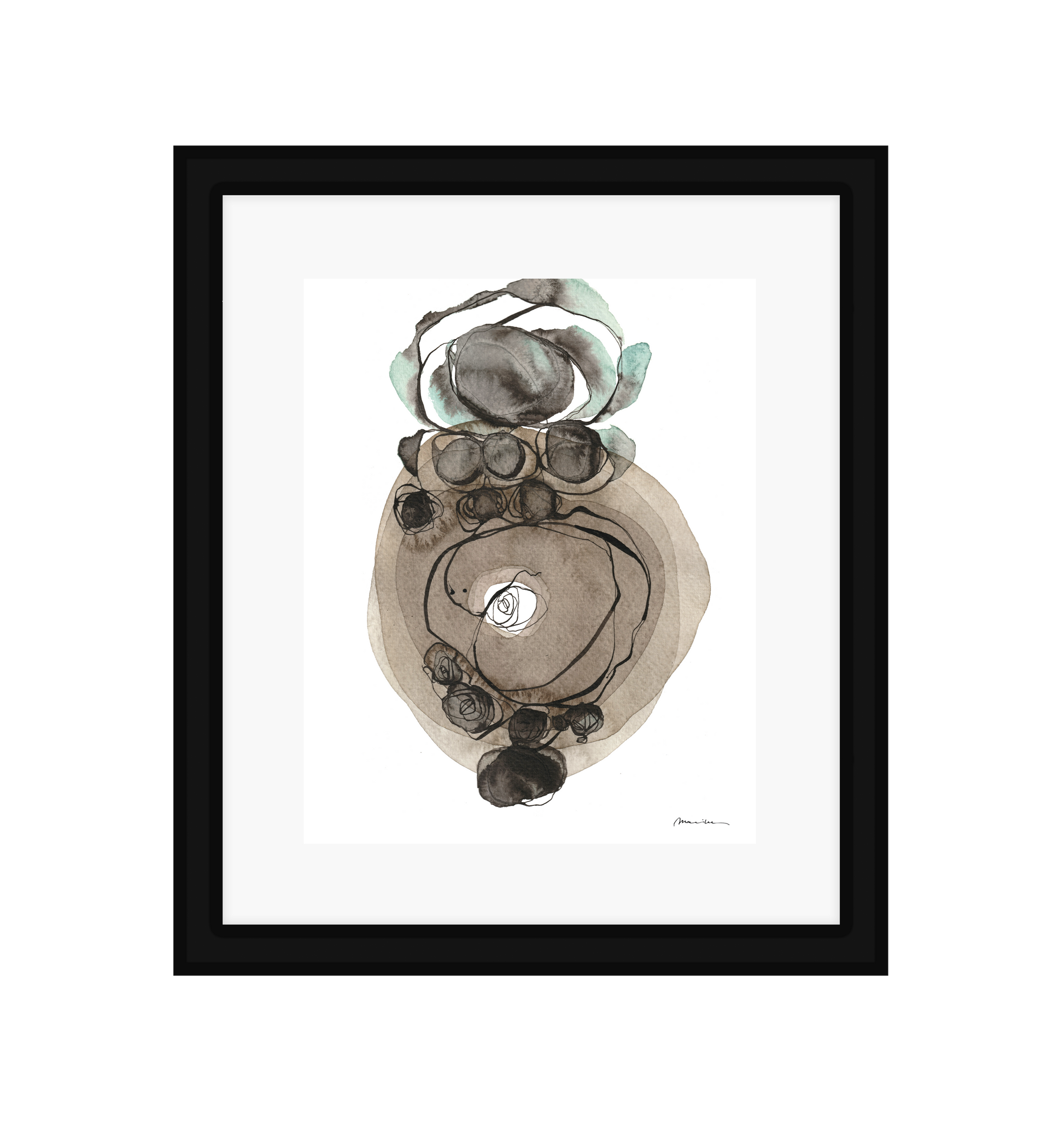 Framed abstract art piece with black and white design on a white background in a black frame