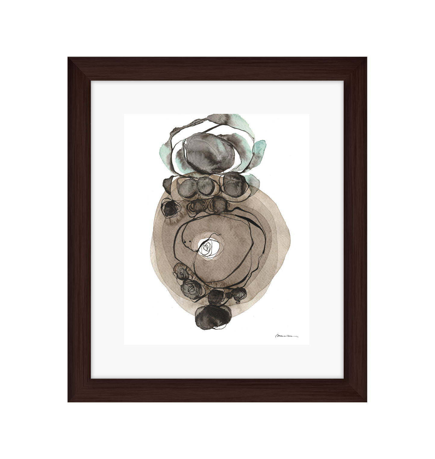 Framed abstract art piece with brown frame on a white background