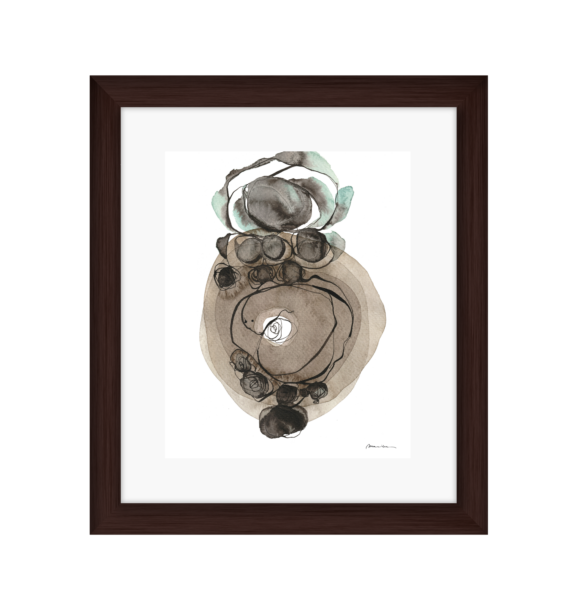 Framed abstract art piece with brown frame on a white background