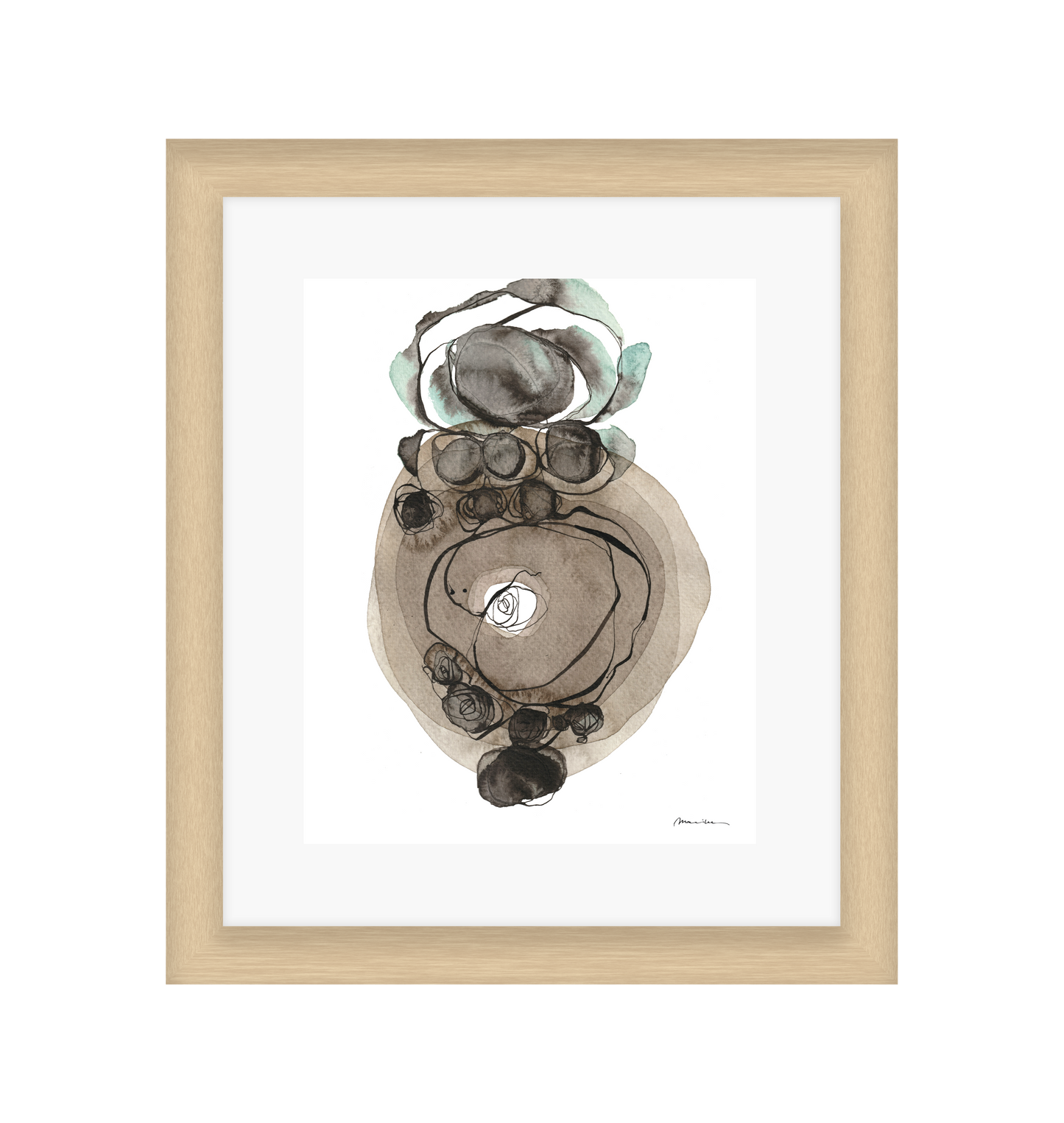 Framed abstract art print with a wooden frame on a white background