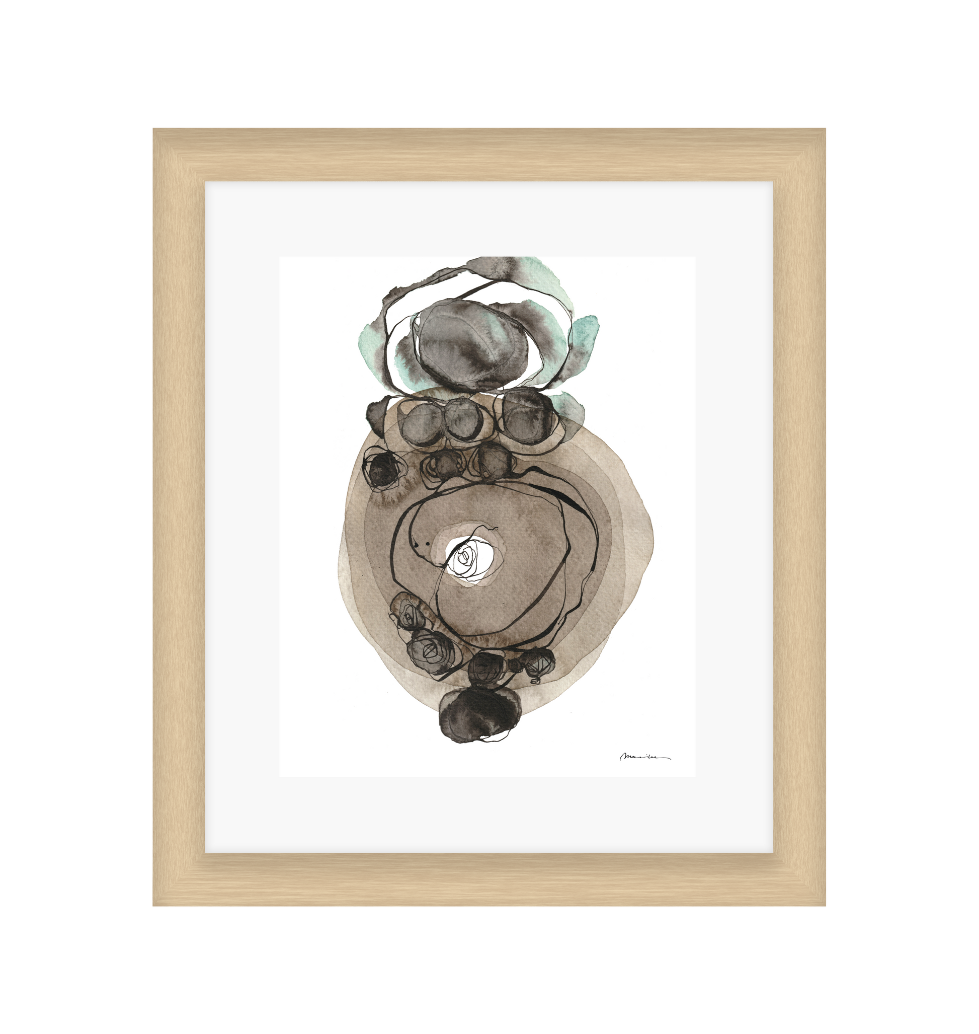 Framed abstract art print with a wooden frame on a white background