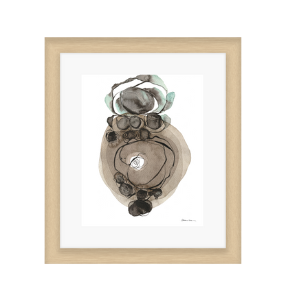 Framed abstract art print with a wooden frame on a white background