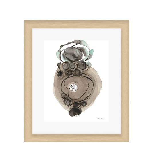 Framed abstract art print with a wooden frame on a white background