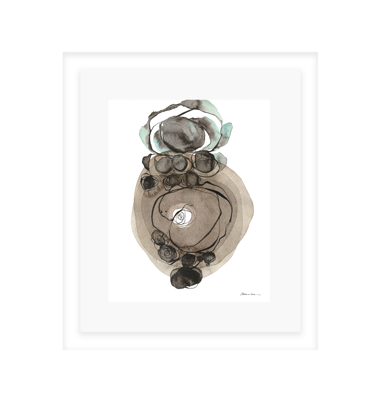 Framed abstract art piece with circular design on a white background in a white frame