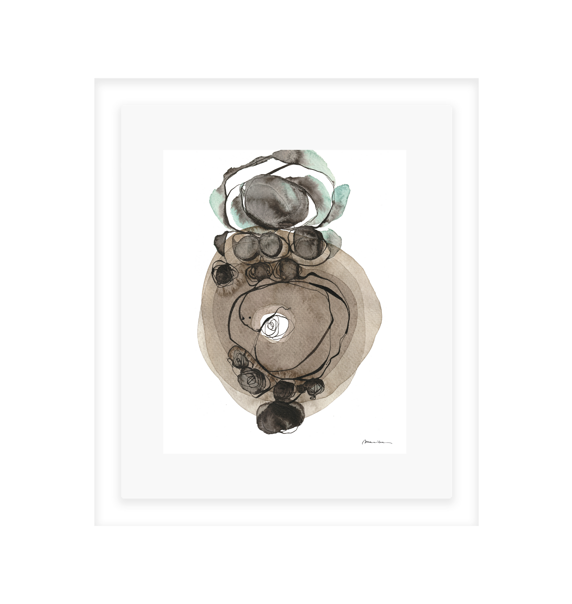 Framed abstract art piece with circular design on a white background in a white frame