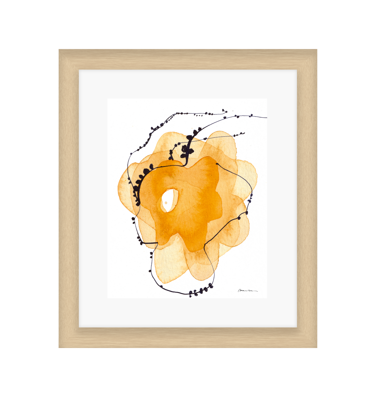 Abstract art piece with orange, yellow, and beige shapes and black lines on a white background