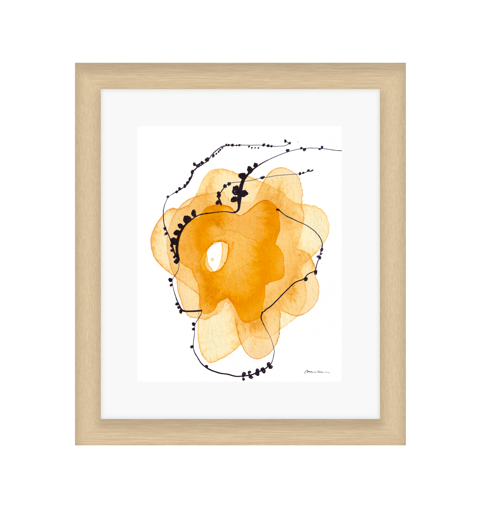 Abstract art piece with orange, yellow, and beige shapes and black lines on a white background