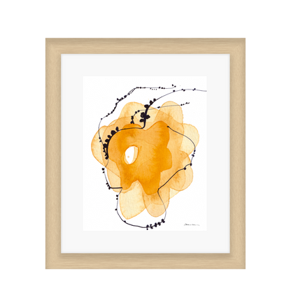 Abstract art piece with orange, yellow, and beige shapes and black lines on a white background