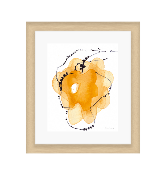 Abstract art piece with orange, yellow, and beige shapes and black lines on a white background